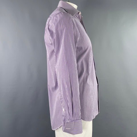 CANALI Size L White Purple Stripe Cotton French Cuff Long Sleeve Shirt