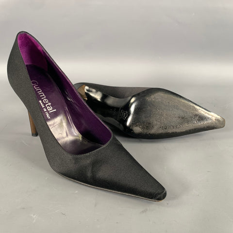 GUNMETAL Size 6.5 Black Satin Stiletto Pumps