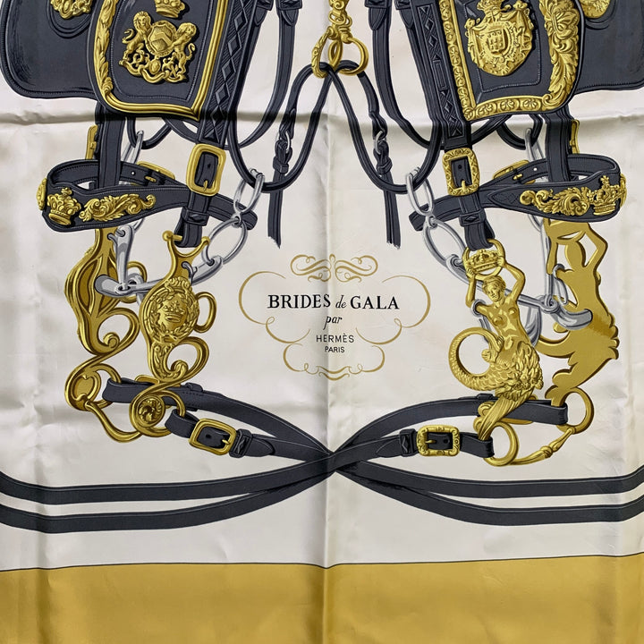 HERMES Off White Gold Print Silk Scarves
