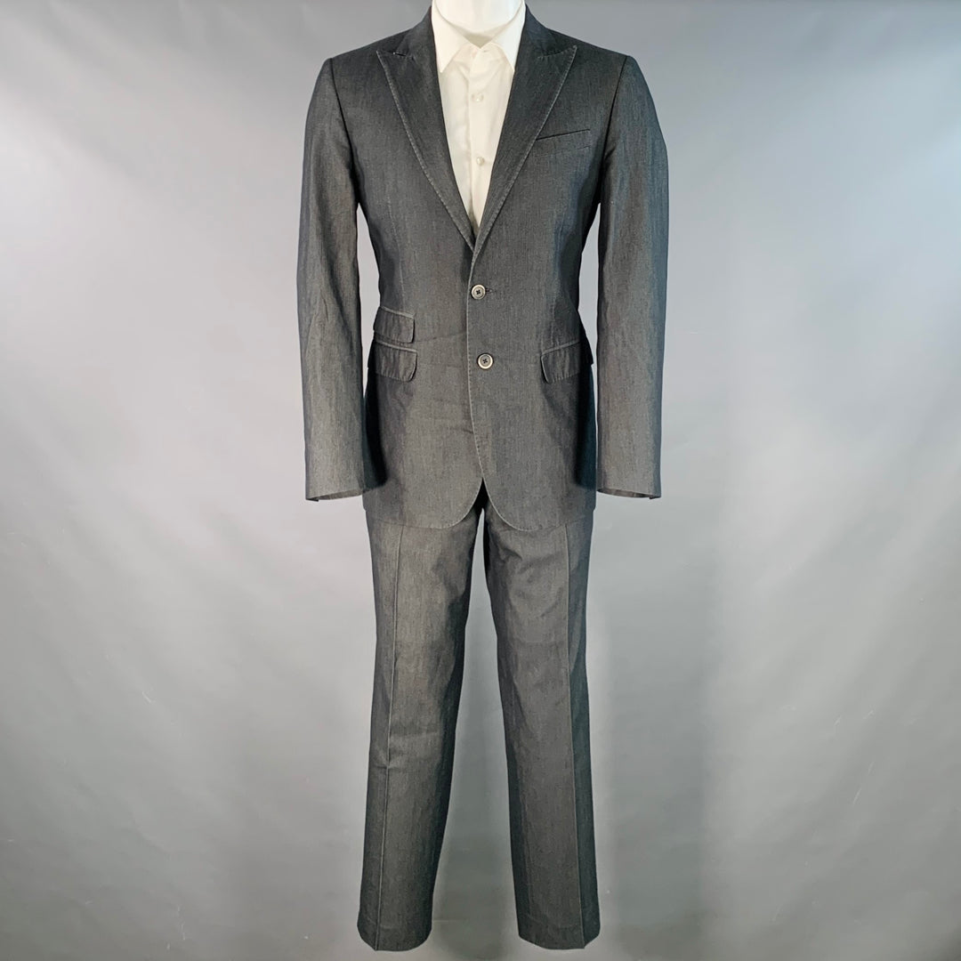 CORNELIANI Size 38 Grey Charcoal Herringbone Cotton Silk Peak Lapel Suit