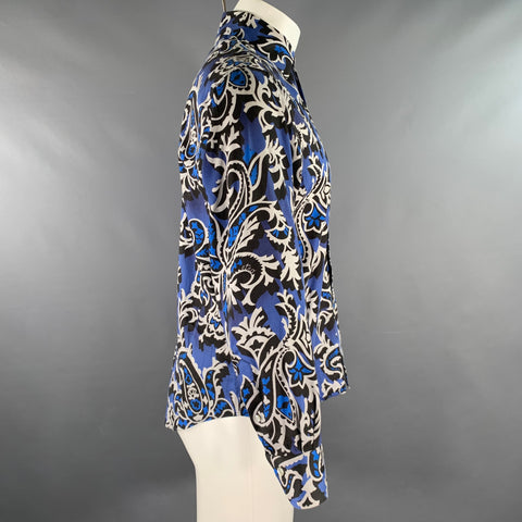ETRO Size M Blue Black White Abstract Floral Cotton Blend Long Sleeve Shirt
