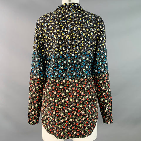 EQUIPMENT Size M Black Multi Color Silk Floral Stripe Two Pockets Shirt