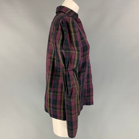 RALPH LAUREN Collection Size 4 Purple & Taupe Plaid Cotton Blouse