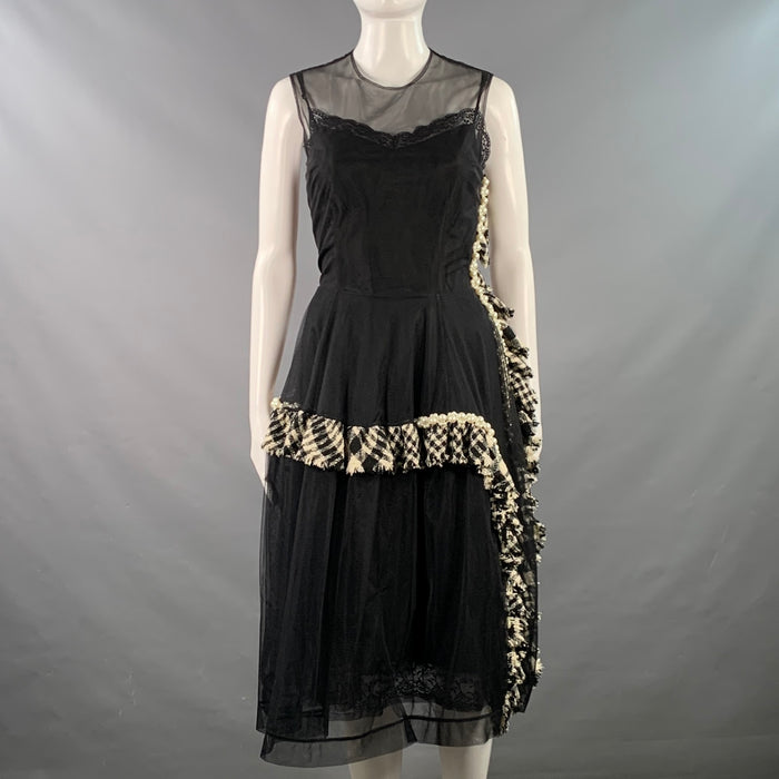 SIMONE ROCHA Taille 38 Robe de cocktail sans manches en maille de mélange de viscose noir et blanc avec perles fantaisie et garniture à carreaux