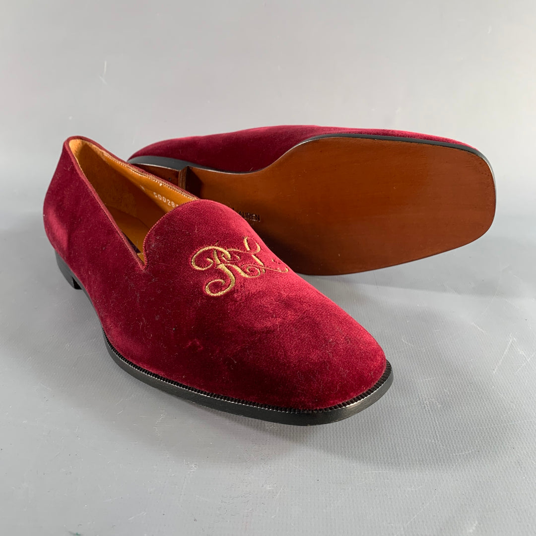 RALPH LAUREN Size 9.5 Burgundy Velvet Monogram Slip On Flats