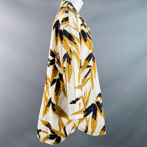 MARNI Size 2 White Mustard Cotton Tropical Leaves Half Placket Pullover