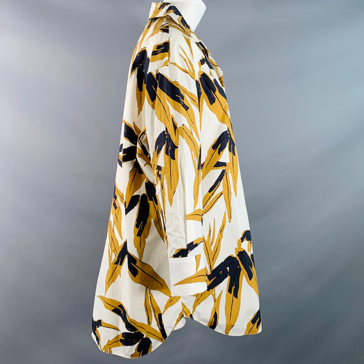 MARNI Size 2 White Mustard Cotton Tropical Leaves Half Placket Pullover