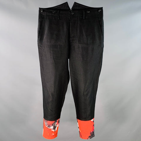 YOHJI YAMAMOTO Size L Black Red Contrast Trim Linen Back Cinch High Waisted Dress Pants