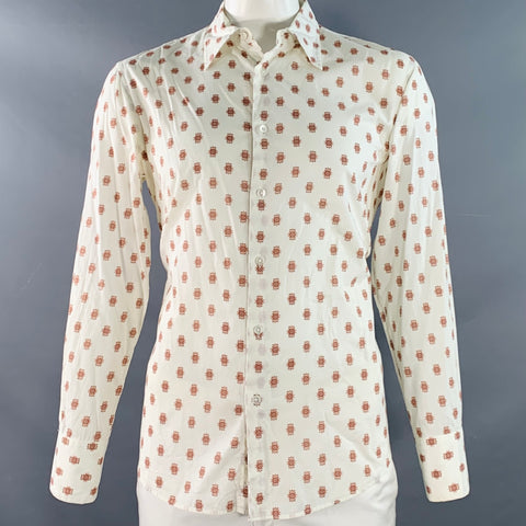 JOHN VARVATOS Size L White Rust Abstract Floral Cotton Long Sleeve Shirt