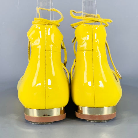 AQUAZZURA Size 9.5 Yellow Patent Leather Laced Pointed Toe Flats