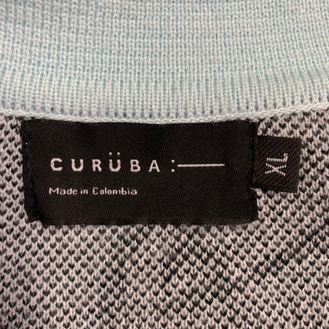 CURUBA Size XL Blue Black White Graphic Acrylic Open Collar Polo