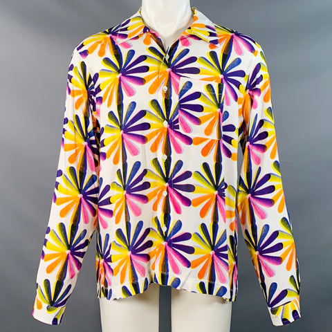 ERL Size M White Multi Color Abstract Floral Rayon One Pocket Long Sleeve Shirt