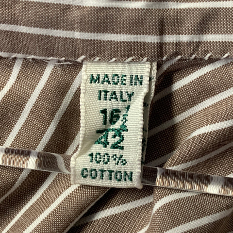 BORRELLI Size L Brown White Stripe Cotton Long Sleeve Shirt