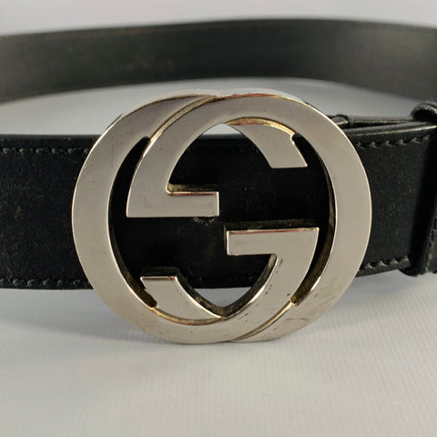 GUCCI Size 36 GG Black Silver Leather Belt