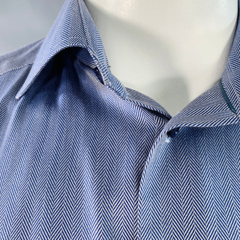 ETON Size L Navy White Herringbone Twill Cotton Curved Cutaway Long Sleeve Shirt