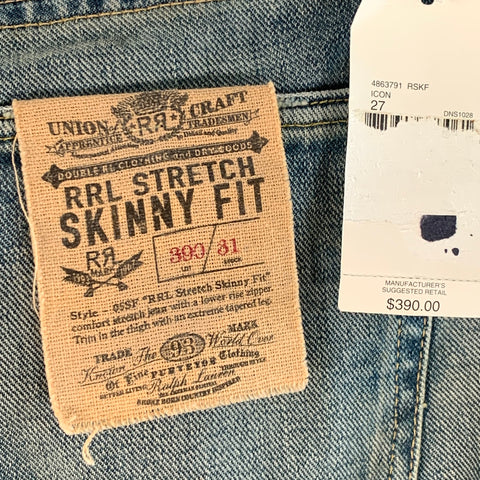 RRL by RALPH LAUREN Size 27 Blue Distressed Cotton Blend Skinny Selvedge Jeans