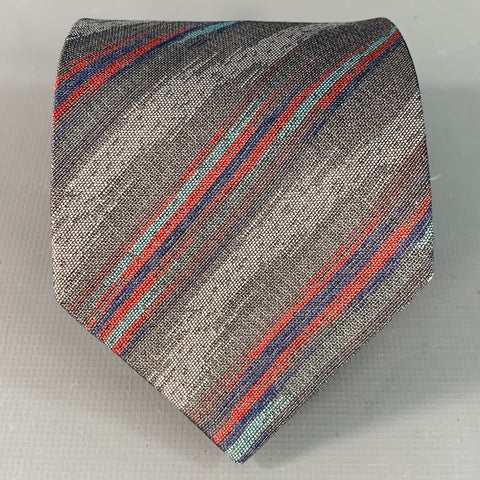FENDI One Size Grey Red Diagonal Stripe Silk Tie