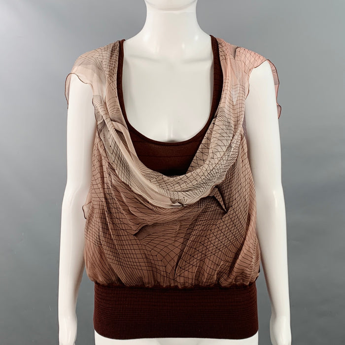 HERMES Size 6 Brown Orange Cotton Blend Mixed Fabrics Sleeveless Silk Scarf Dress Top