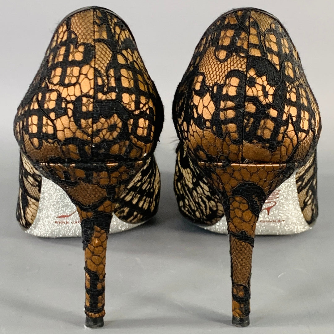 RENE CAOVILLA Size 10.5 Brown Black Lace Rhinestones Pointed Toe Stiletto Pumps