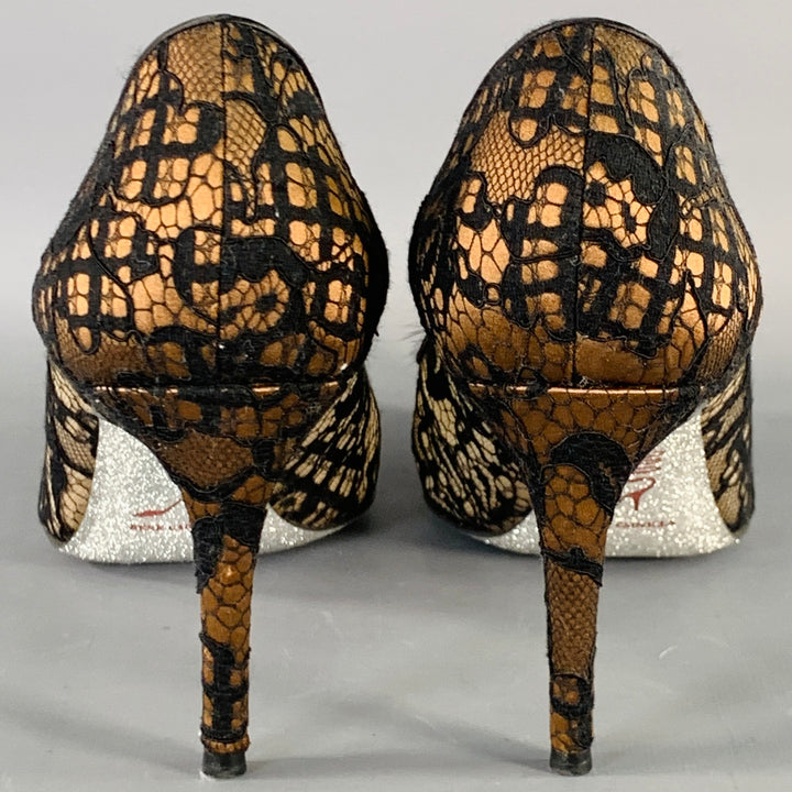 RENE CAOVILLA Size 10.5 Brown Black Lace Rhinestones Pointed Toe Stiletto Pumps