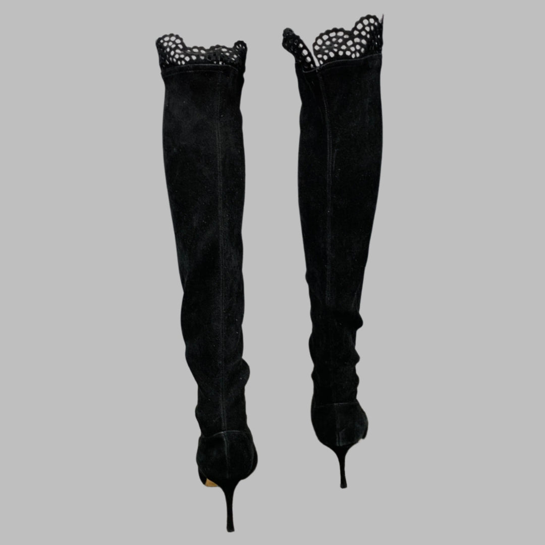 MANOLO BLAHNIK Size 7.5 Black Suede Cut Out Stiletto Boots