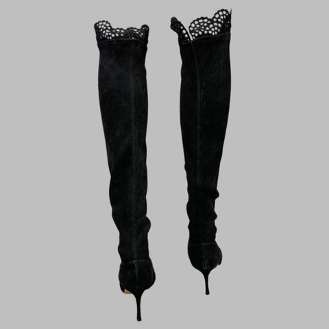 MANOLO BLAHNIK Size 7.5 Black Suede Cut Out Stiletto Boots