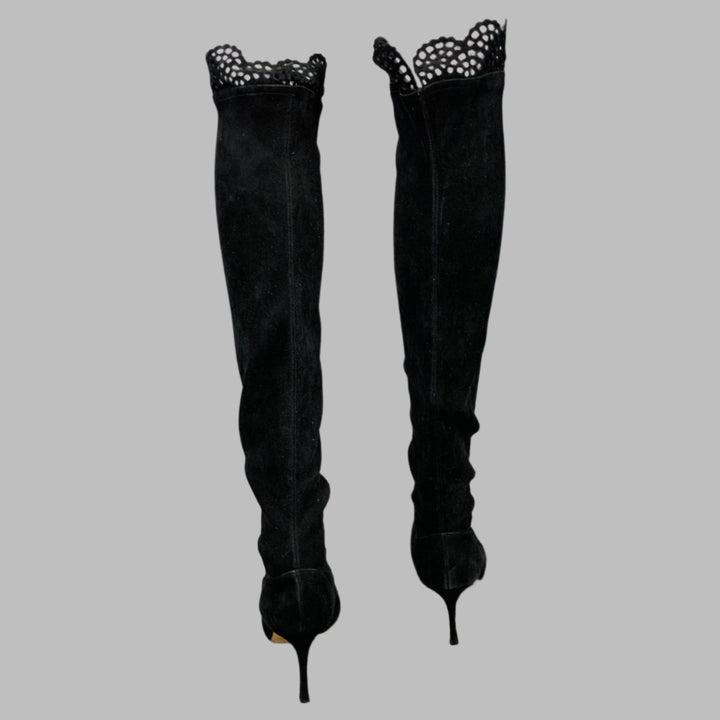 MANOLO BLAHNIK Size 7.5 Black Suede Cut Out Stiletto Boots