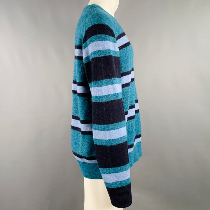 TODD SNYDER Size XL Blue Light Blue Stripe Wool Blend Crew Neck Sweater