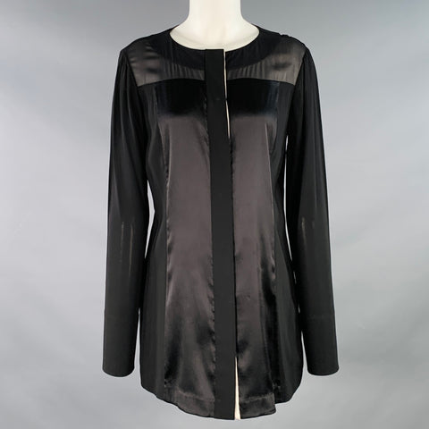 DONNA KARAN Size 8 Black Cream Viscose Blend Mixed Materials Hidden Buttons Blouse