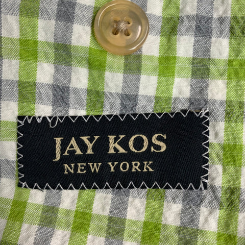 JAY KOS NY Size 40 White Green Grey Plaid Cotton Blend Sport Coat