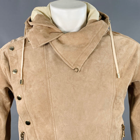 BALMAIN PE16 Veste en daim de veau beige à capuche et boutons-pression asymétriques Taille S