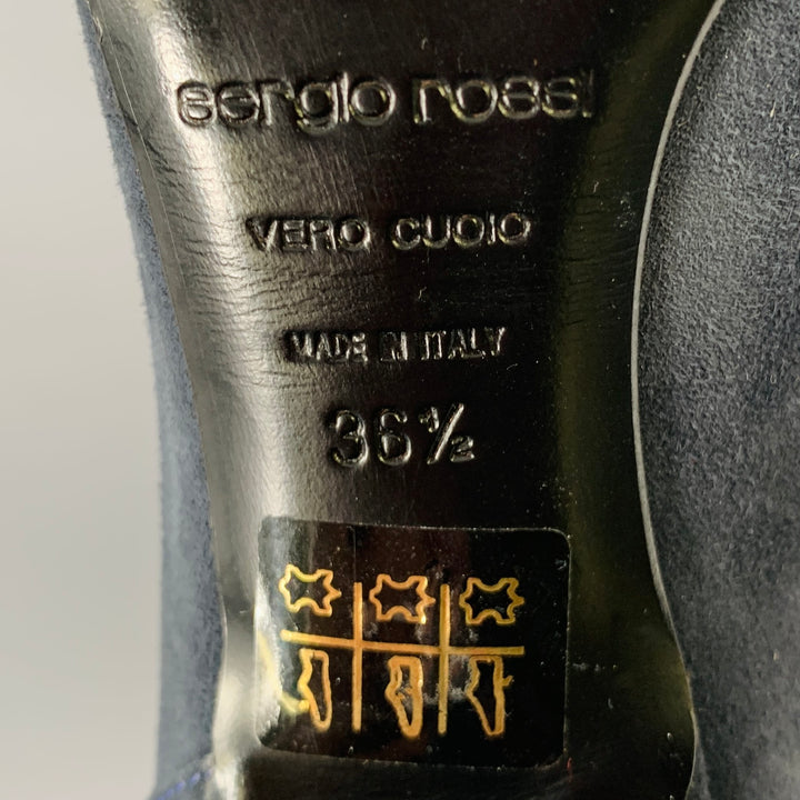 SERGIO ROSSI Size 6.5 Navy Suede Perforated Kitten Heel Pumps