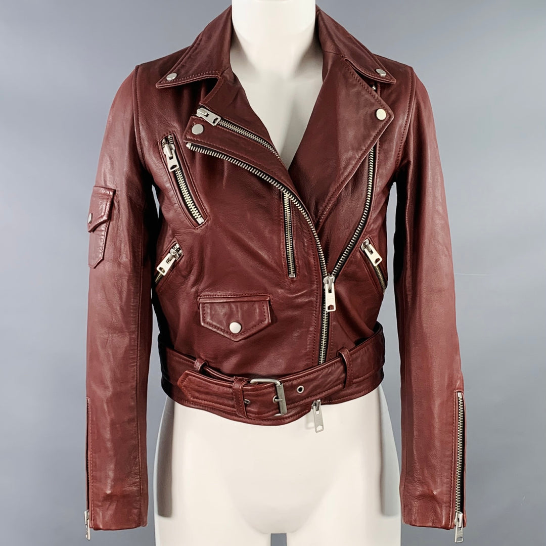 ALLSAINTS Size 0 Harland Burgundy Lambskin Leather Biker Jacket