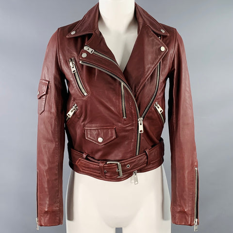 ALLSAINTS Size 0 Harland Burgundy Lambskin Leather Biker Jacket