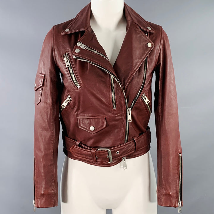 ALLSAINTS Size 0 Harland Burgundy Lambskin Leather Biker Jacket
