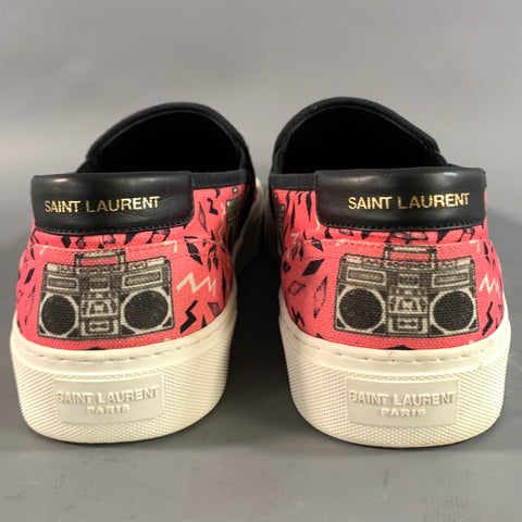 SAINT LAURENT Size 12 Pink Black & Grey Radio Print Slip On Sneakers