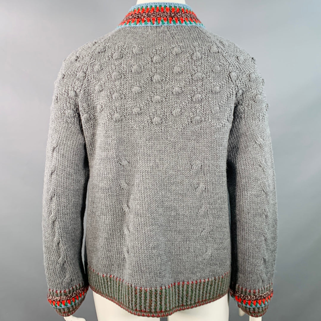 CHANEL Pre-Fall 2015 Size 12 Grey Multi Color Wool Cable Knit Bobble Leather Trim Jacket