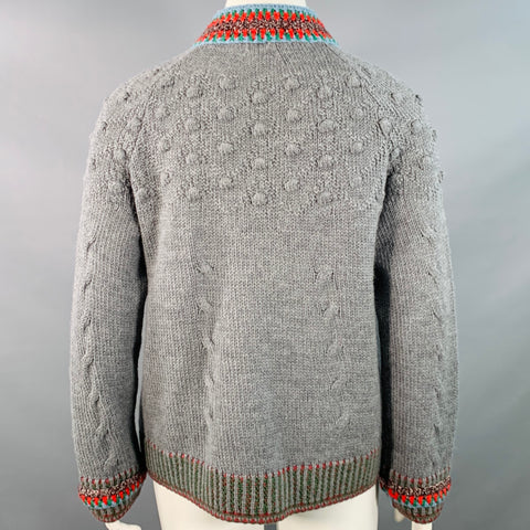 CHANEL Pre-Fall 2015 Size 12 Grey Multi Color Wool Cable Knit Bobble Leather Trim Jacket
