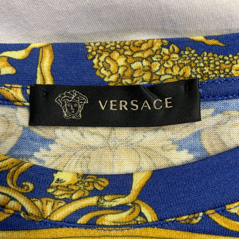 VERSACE Size S Blue Gold Print Cotton Crew Neck T-shirt