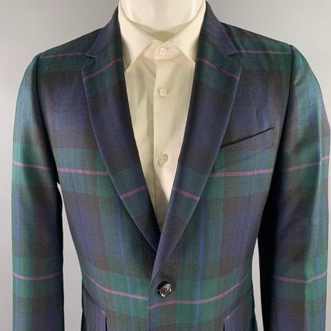 PAUL SMITH Size 40 Green Navy Tartan Wool Silk Notch Lapel Sport Coat