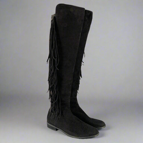 STUART WEITZMAN Size 7.5 Black Nylon Suede Fringe Pull On Boots