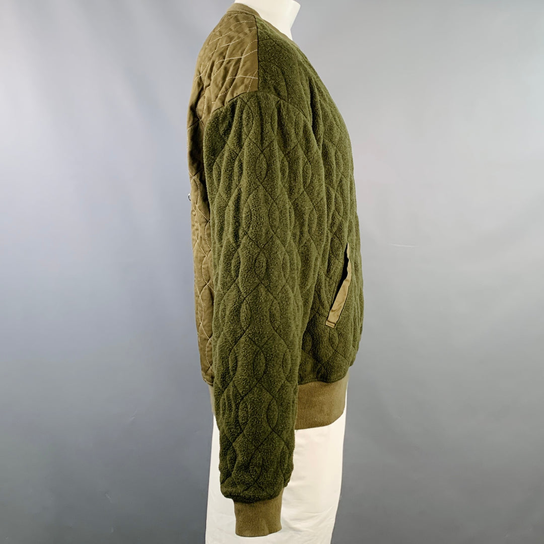 KAPITAL Size XL Olive Green Quilted Cotton Blend Crew Neck Sweatshirt