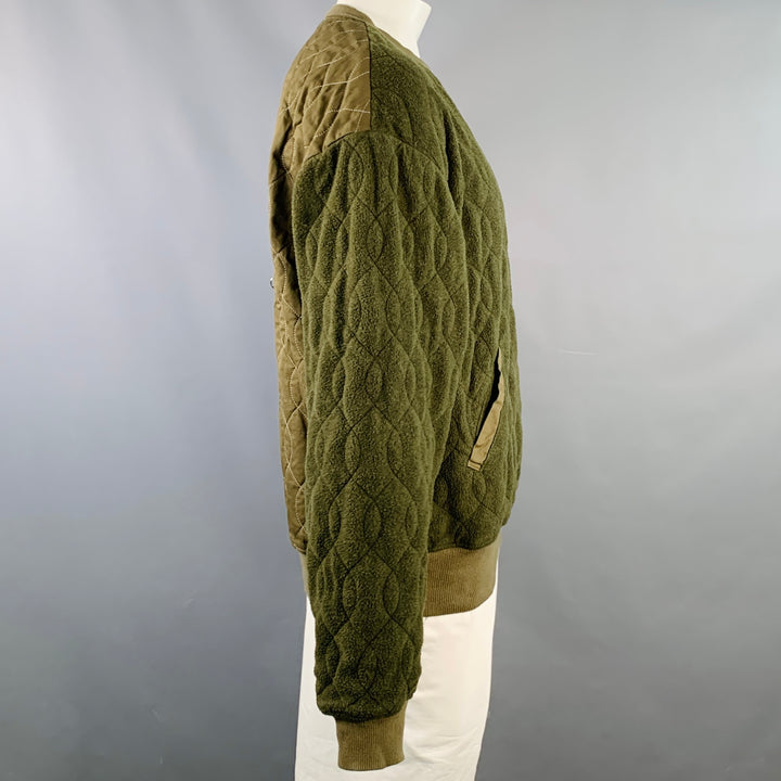 KAPITAL Size XL Olive Green Quilted Cotton Blend Crew Neck Sweatshirt