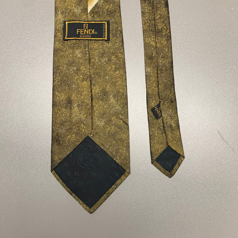 FENDI Gold Khaki Stripe Silk Tie