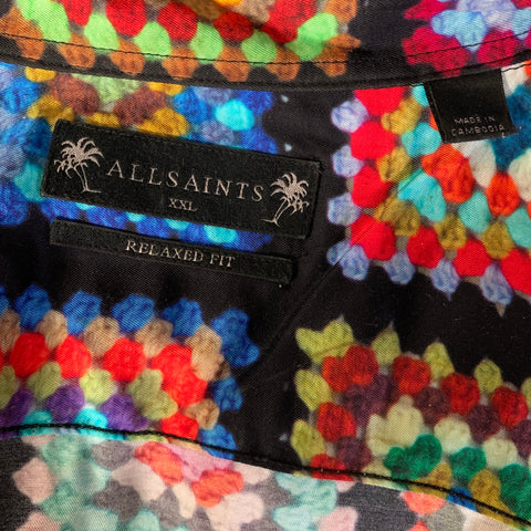 ALLSAINTS Size XXL Black Multi Color Geometric Short Sleeve Shirt