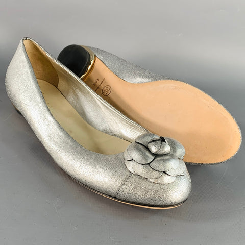 CHANEL Size 10.5 Silver Metallic Textured Suede Ballet Flats