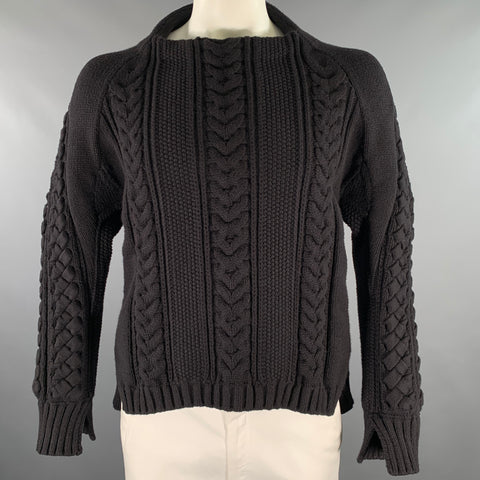 BURBERRY Size L Black Cable Knit Cotton Polyester Raglan Sweater