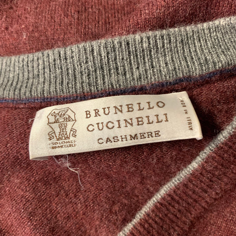 BRUNELLO CUCINELLI Size S Burgundy Grey Cashmere V-Neck Pullover