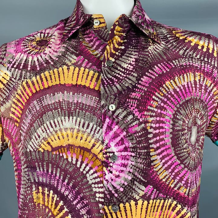 ROBERT GRAHAM Talla L Camisa de manga corta de seda con teñido anudado multicolor morado