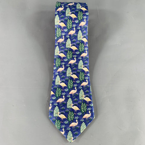 HERMES Blue Multi Color Birds Silk Tie